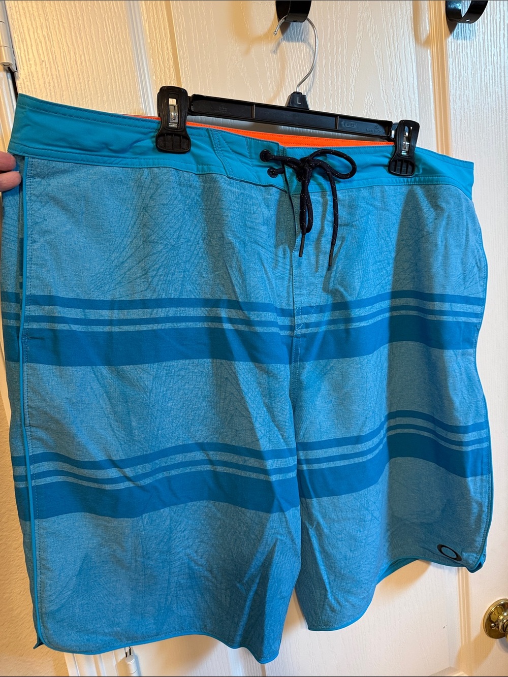 Oakley Turquoise and Blue Striped Men’s Board Shorts